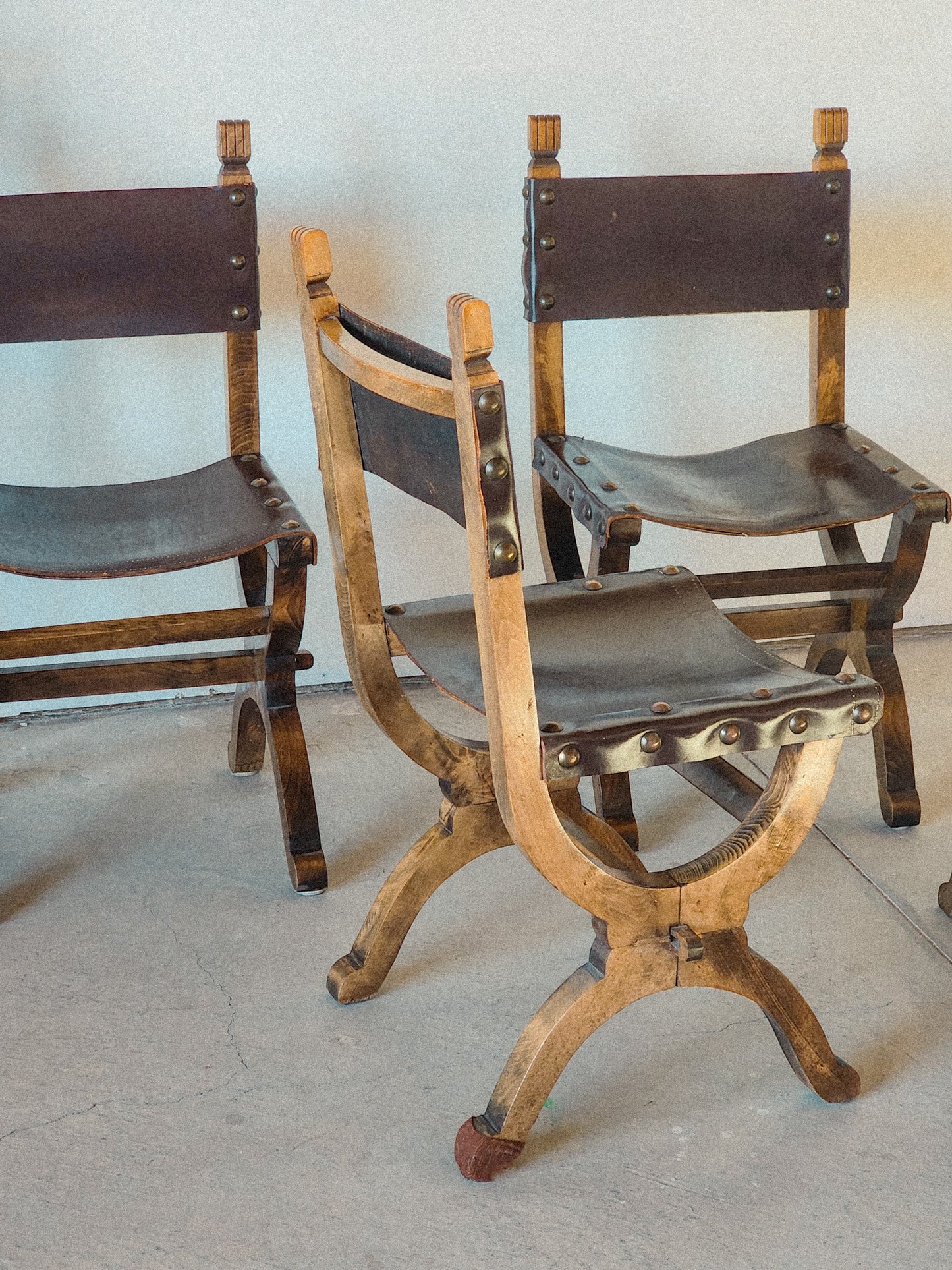 19th Century Medieval Style Leather Sling & Wooden Chairs