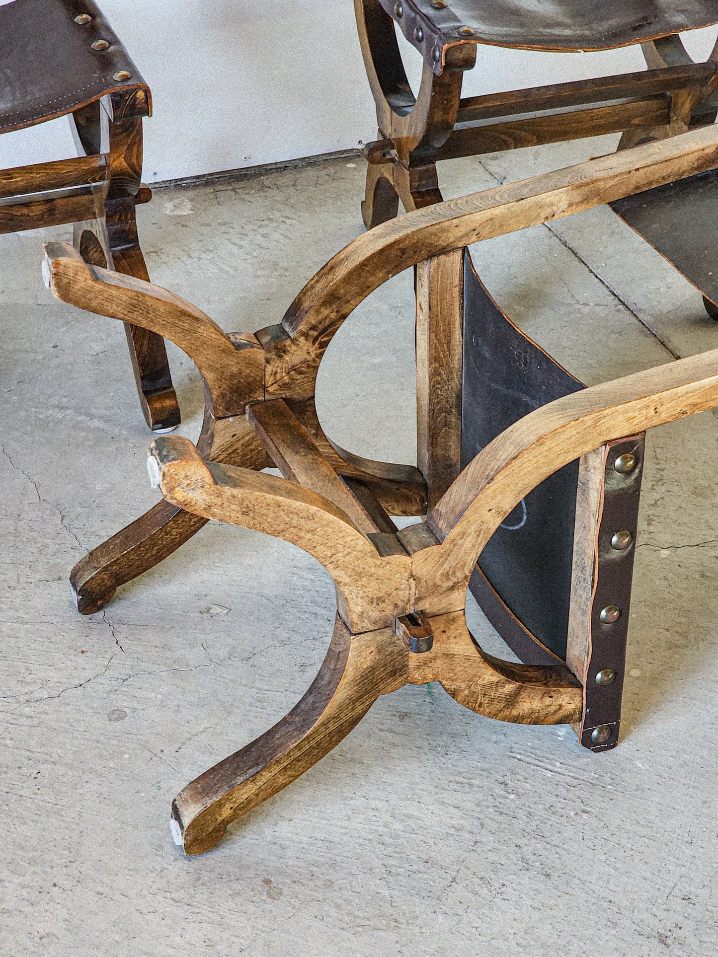 19th Century Medieval Style Leather Sling & Wooden Chairs