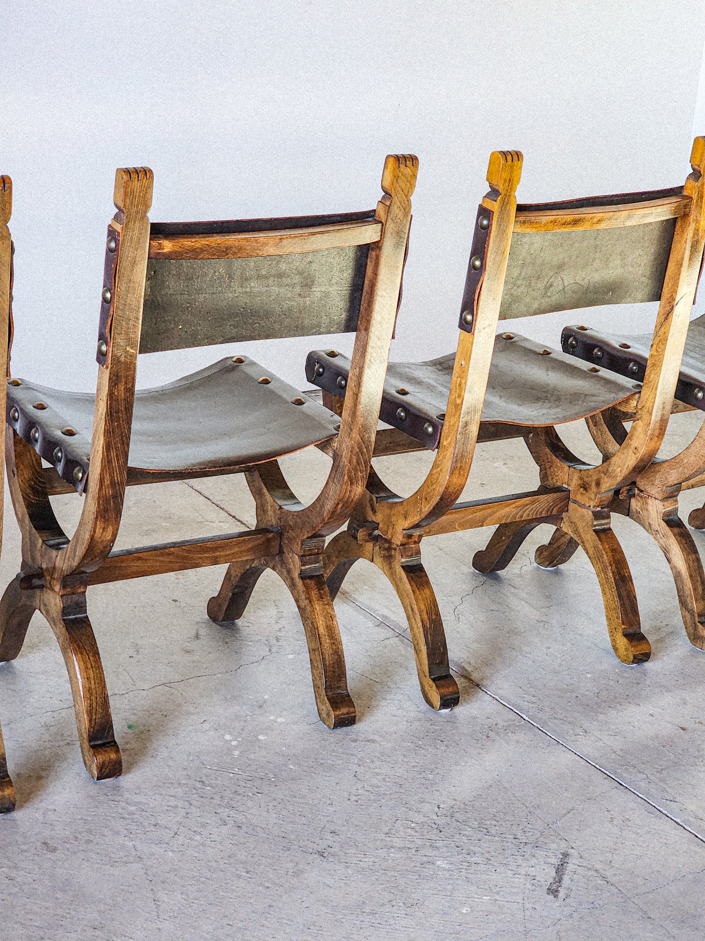 19th Century Medieval Style Leather Sling & Wooden Chairs