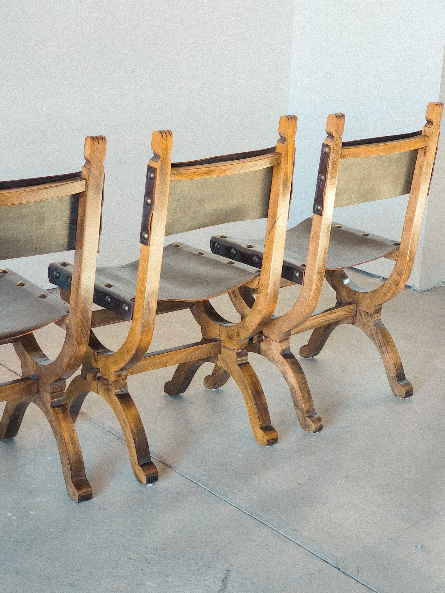 19th Century Medieval Style Leather Sling & Wooden Chairs