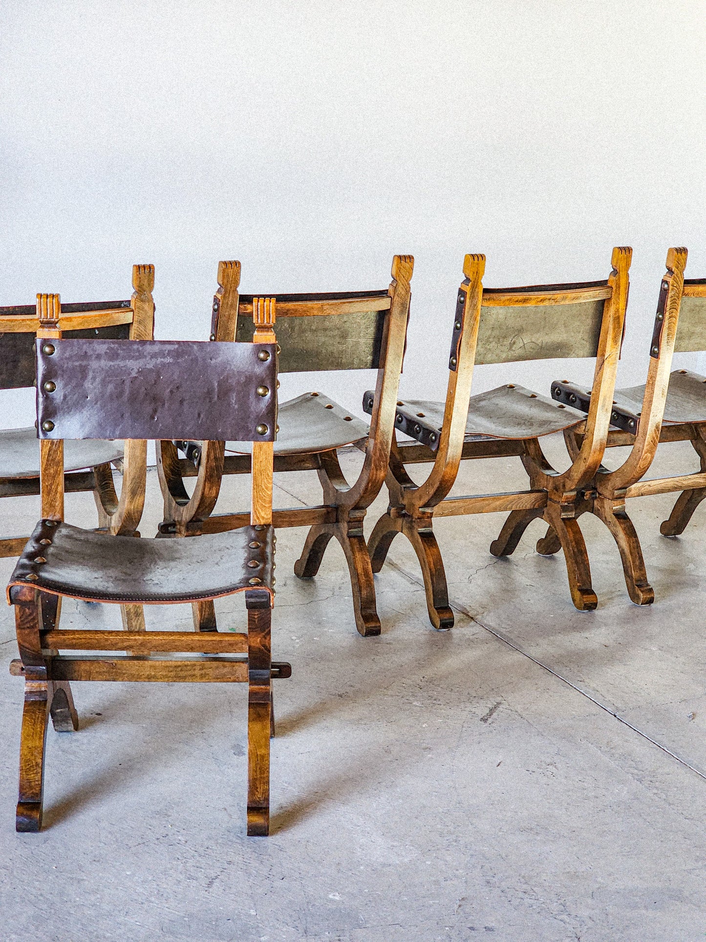 19th Century Medieval Style Leather Sling & Wooden Chairs