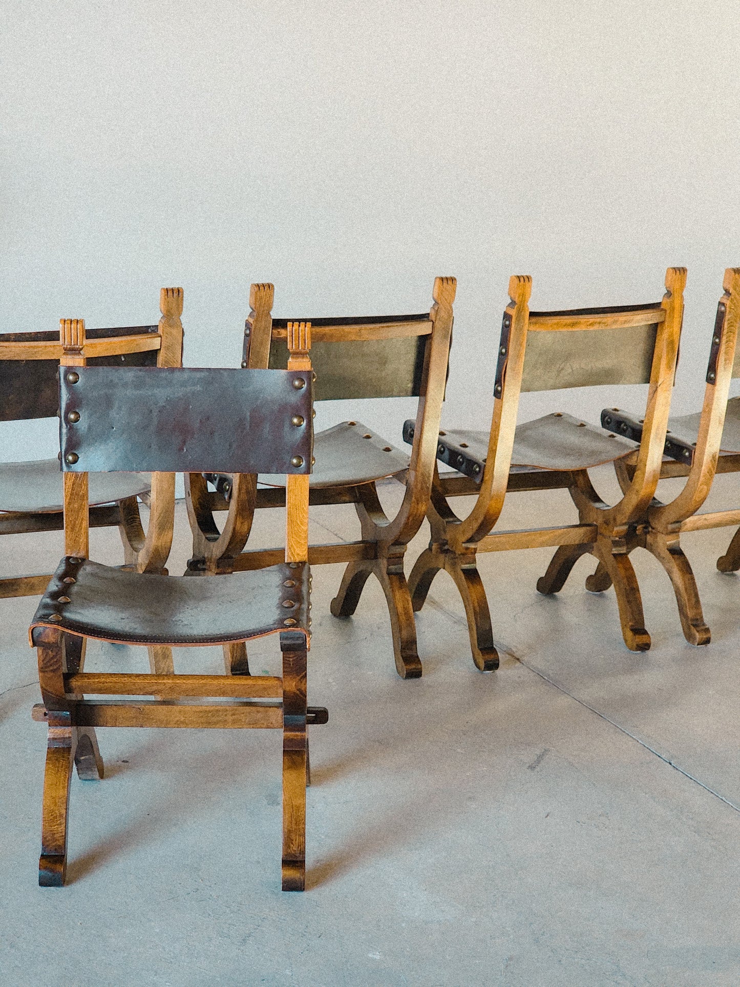 19th Century Medieval Style Leather Sling & Wooden Chairs