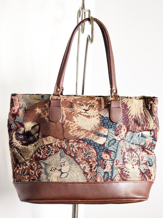 Vtg Tapestry Cat Tote Purse