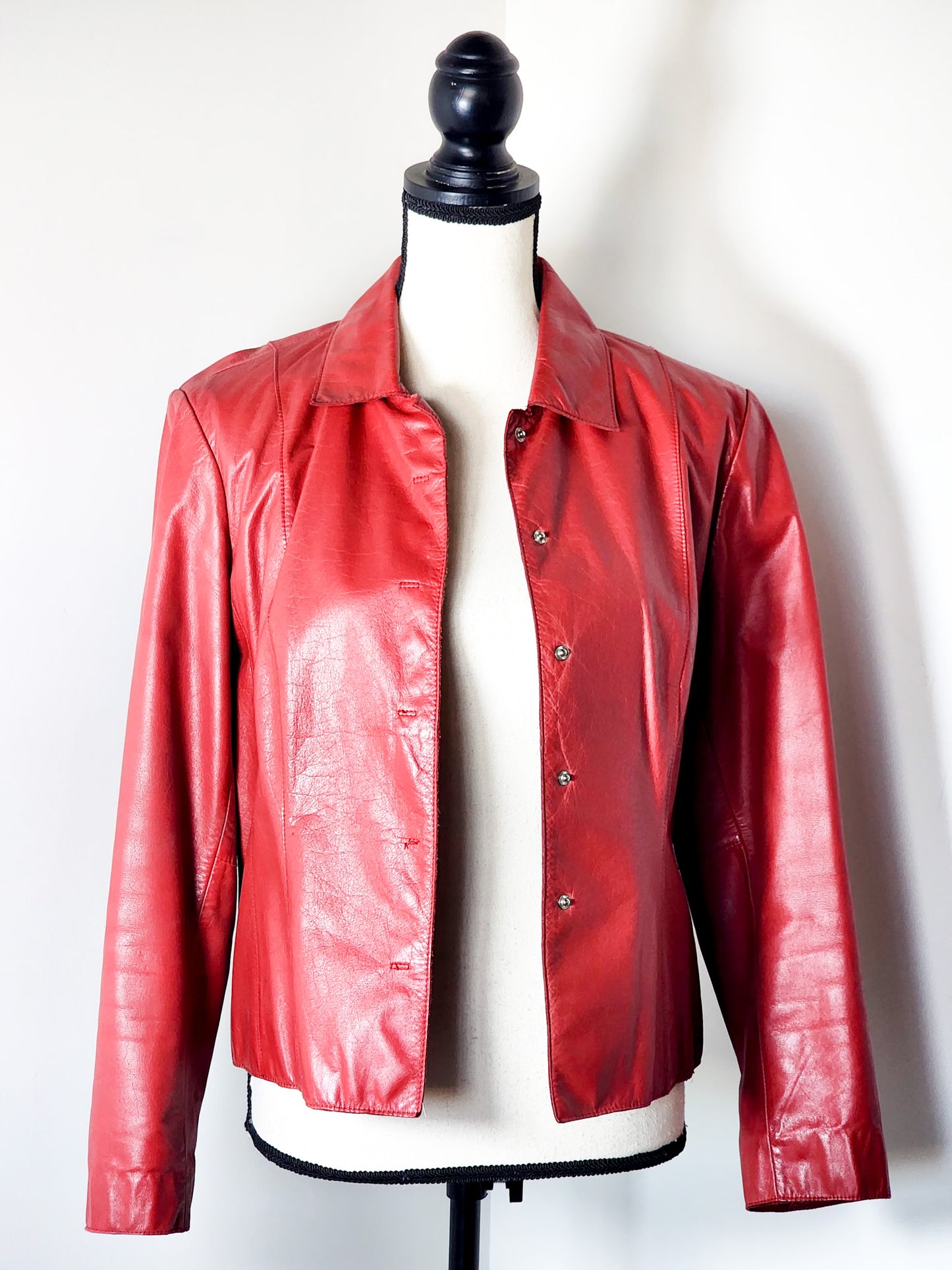 Vtg Red Leather Button-Up Coat Tagged sz 10