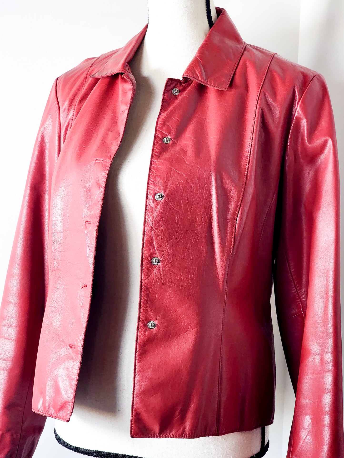 Vtg Red Leather Button-Up Coat Tagged sz 10