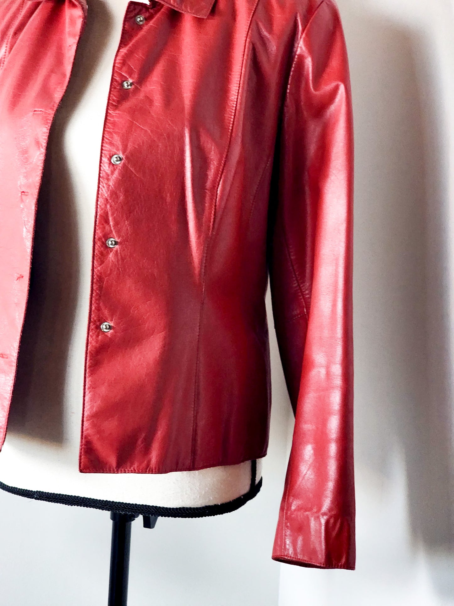 Vtg Red Leather Button-Up Coat Tagged sz 10