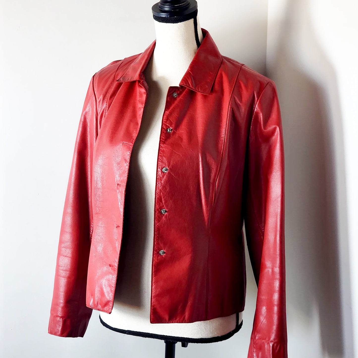 Vtg Red Leather Button-Up Coat Tagged sz 10