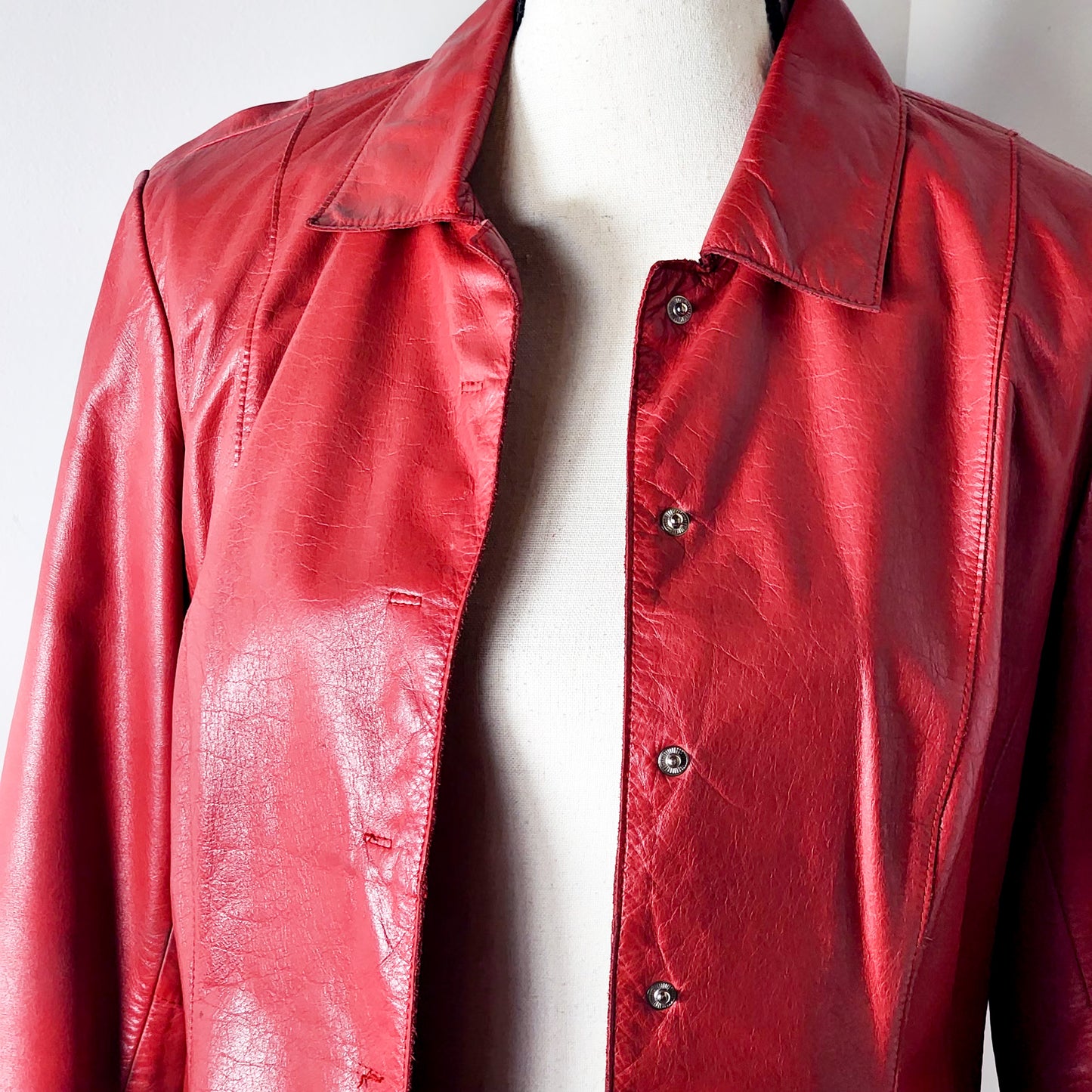 Vtg Red Leather Button-Up Coat Tagged sz 10