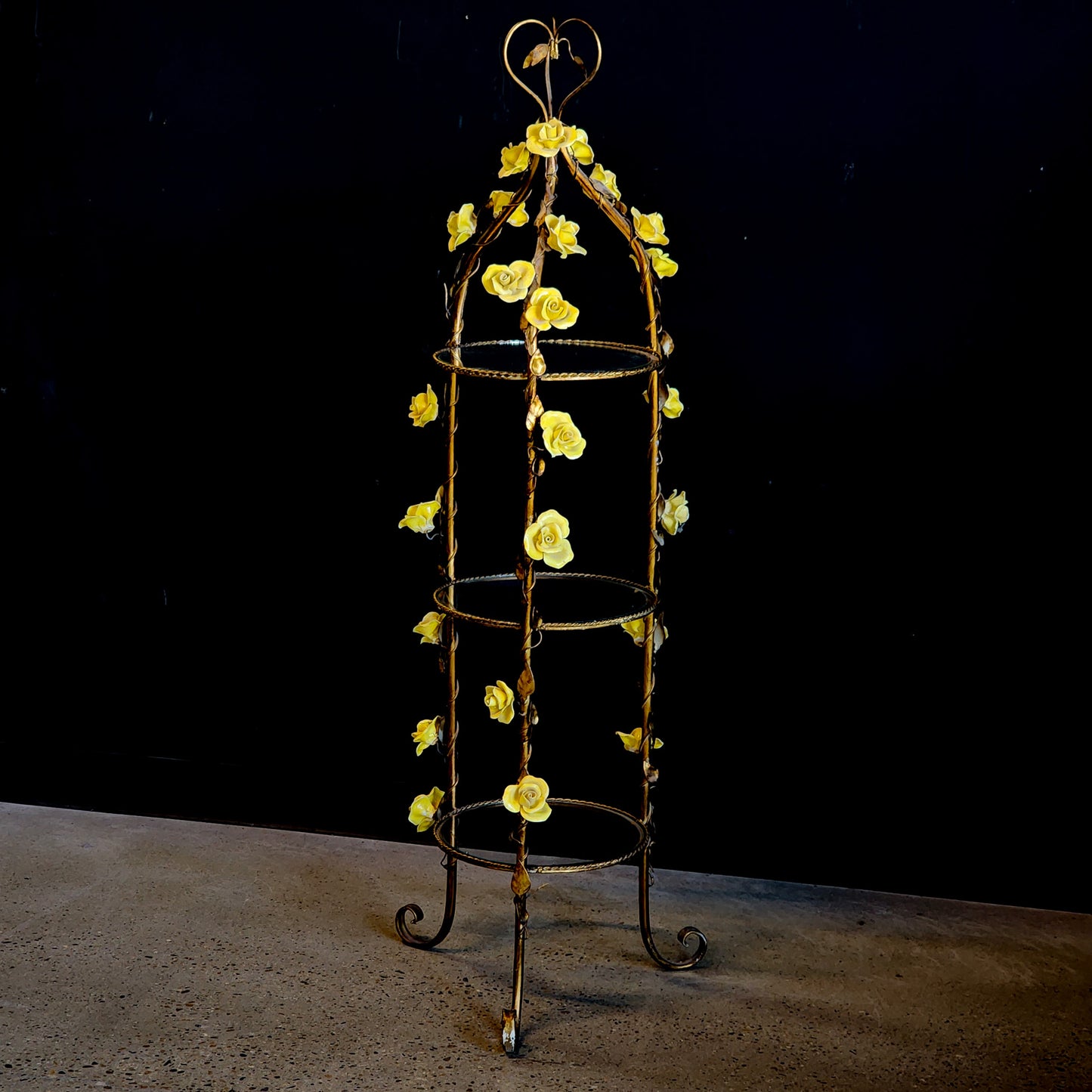 Antique Italian Gold Leaf Gilt Metal Etagere w/ Ceramic Yellow Roses