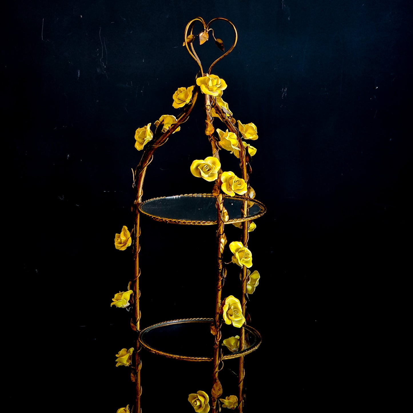 Antique Italian Gold Leaf Gilt Metal Etagere w/ Ceramic Yellow Roses