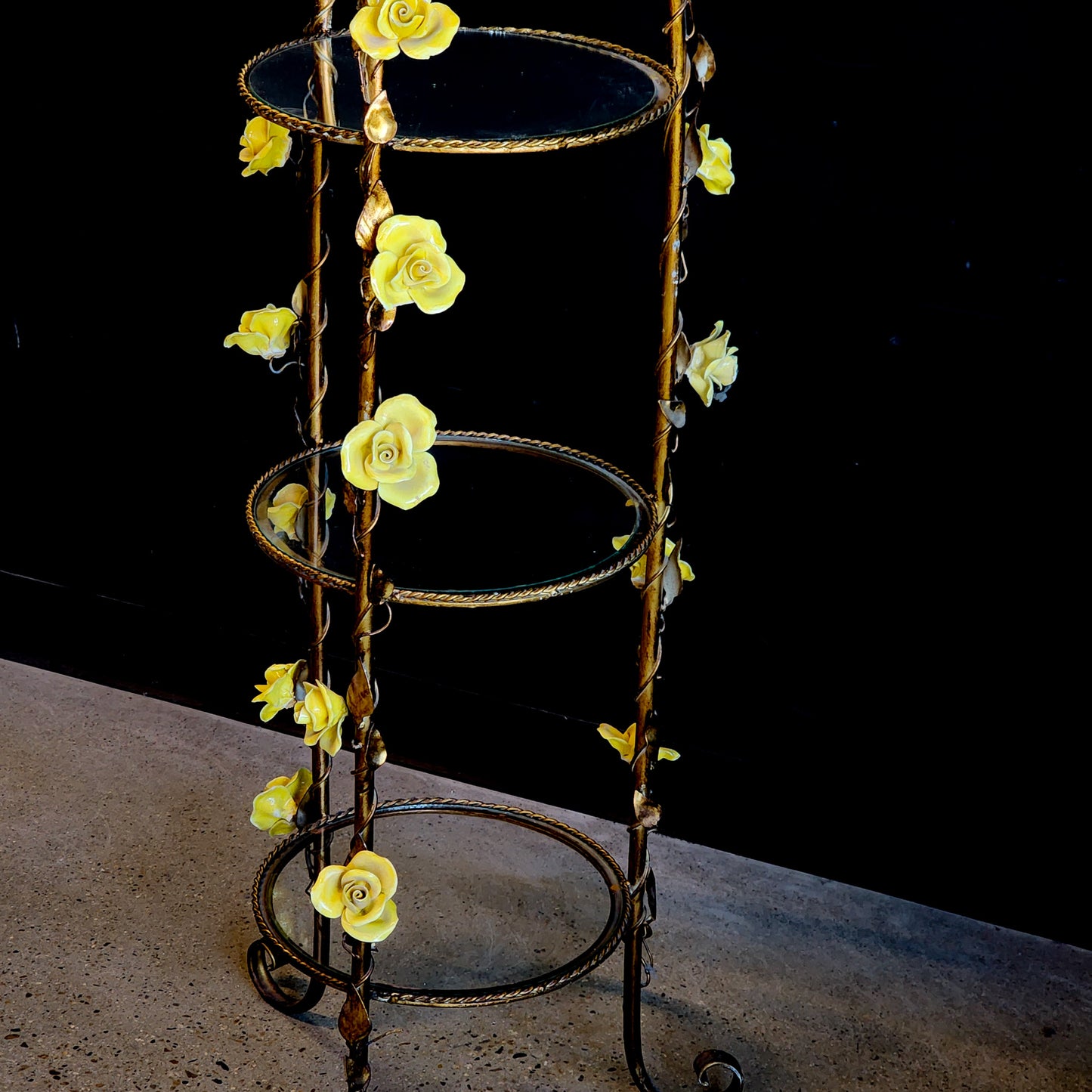 Antique Italian Gold Leaf Gilt Metal Etagere w/ Ceramic Yellow Roses