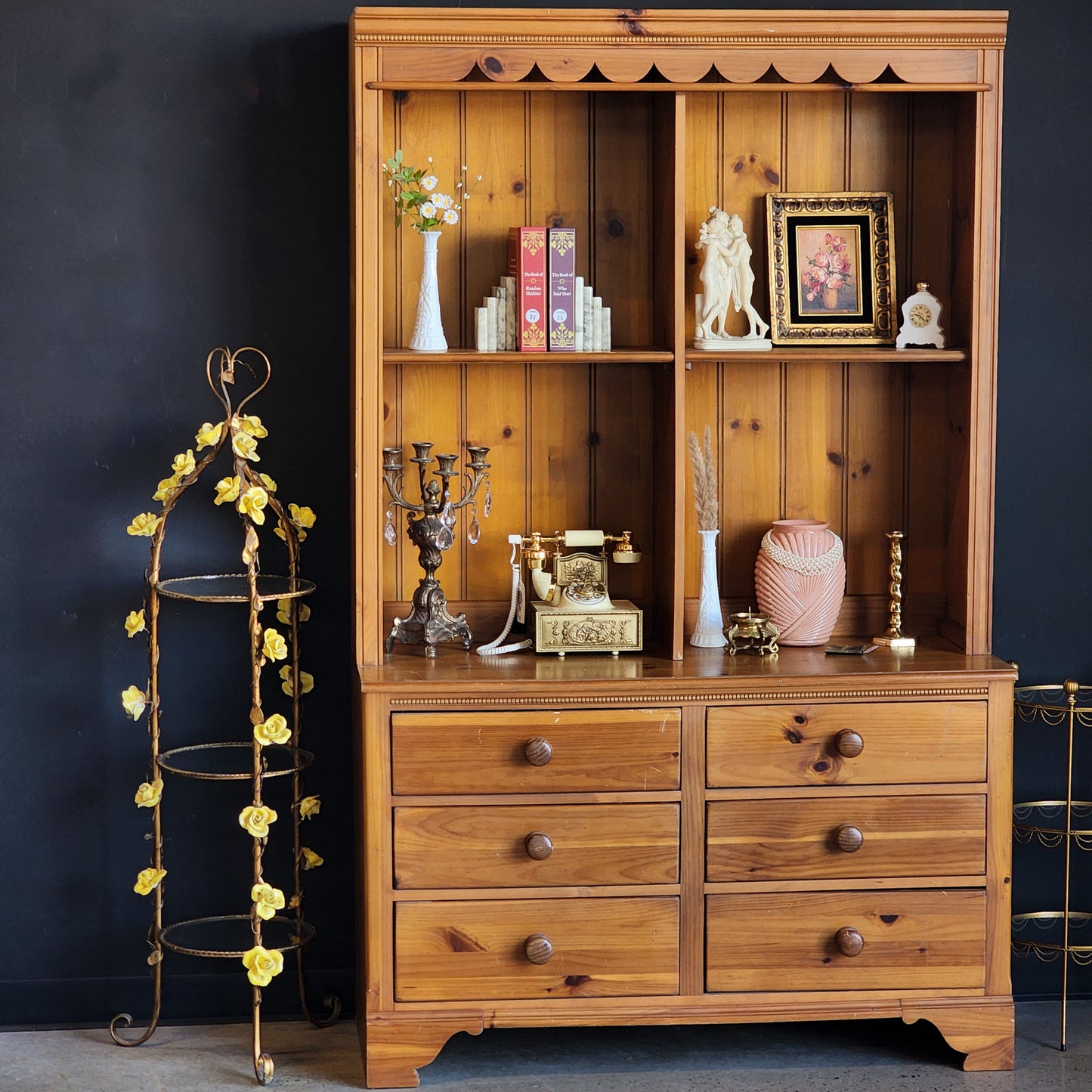 Stunning Two-Piece Pine Dresser & Top Hutch w/ Scalloped Details