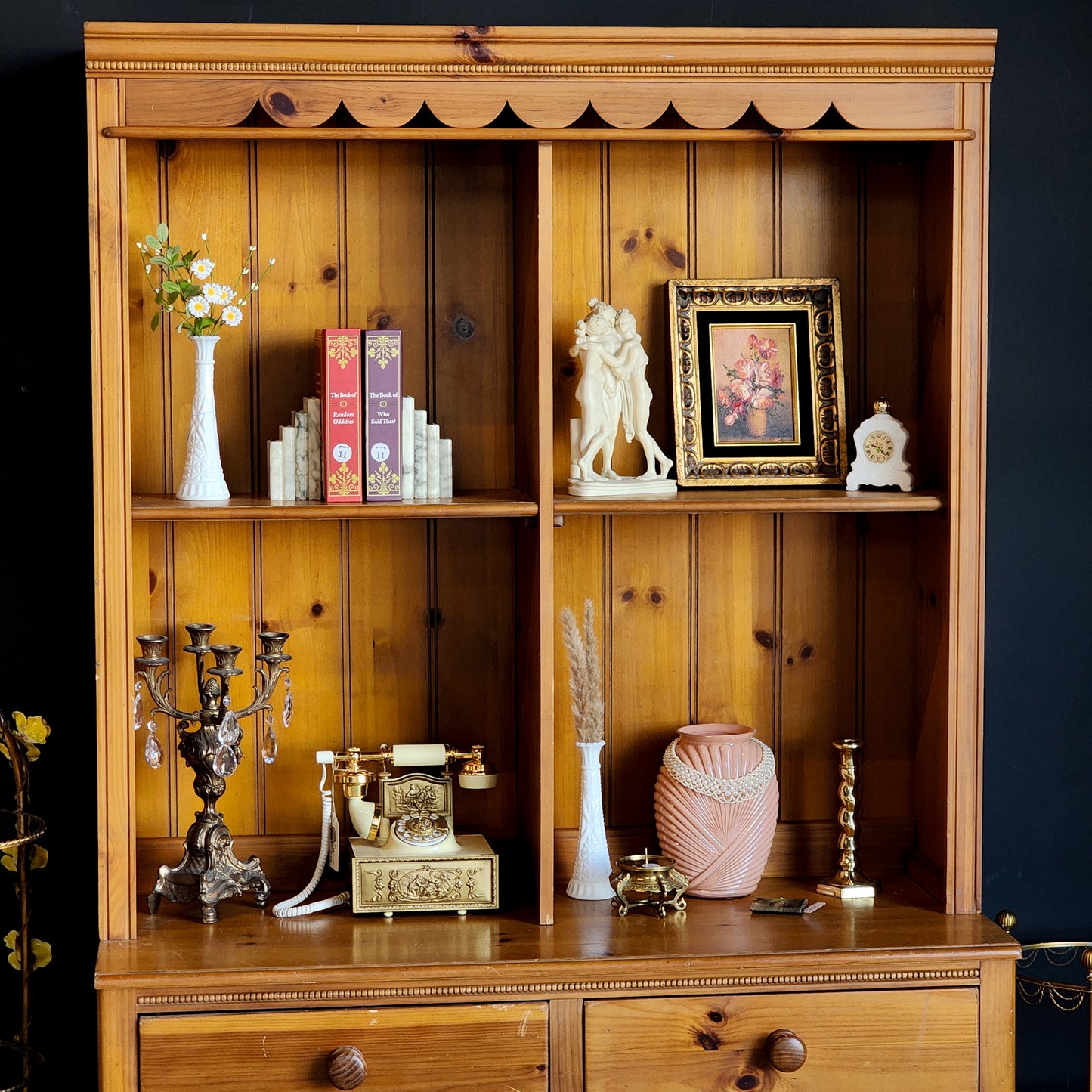 Stunning Two-Piece Pine Dresser & Top Hutch w/ Scalloped Details