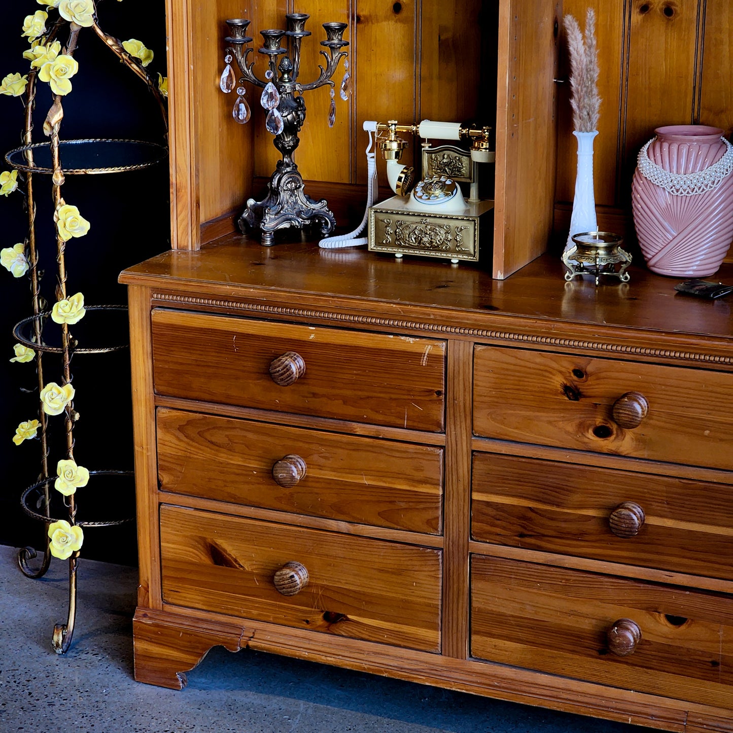 Stunning Two-Piece Pine Dresser & Top Hutch w/ Scalloped Details