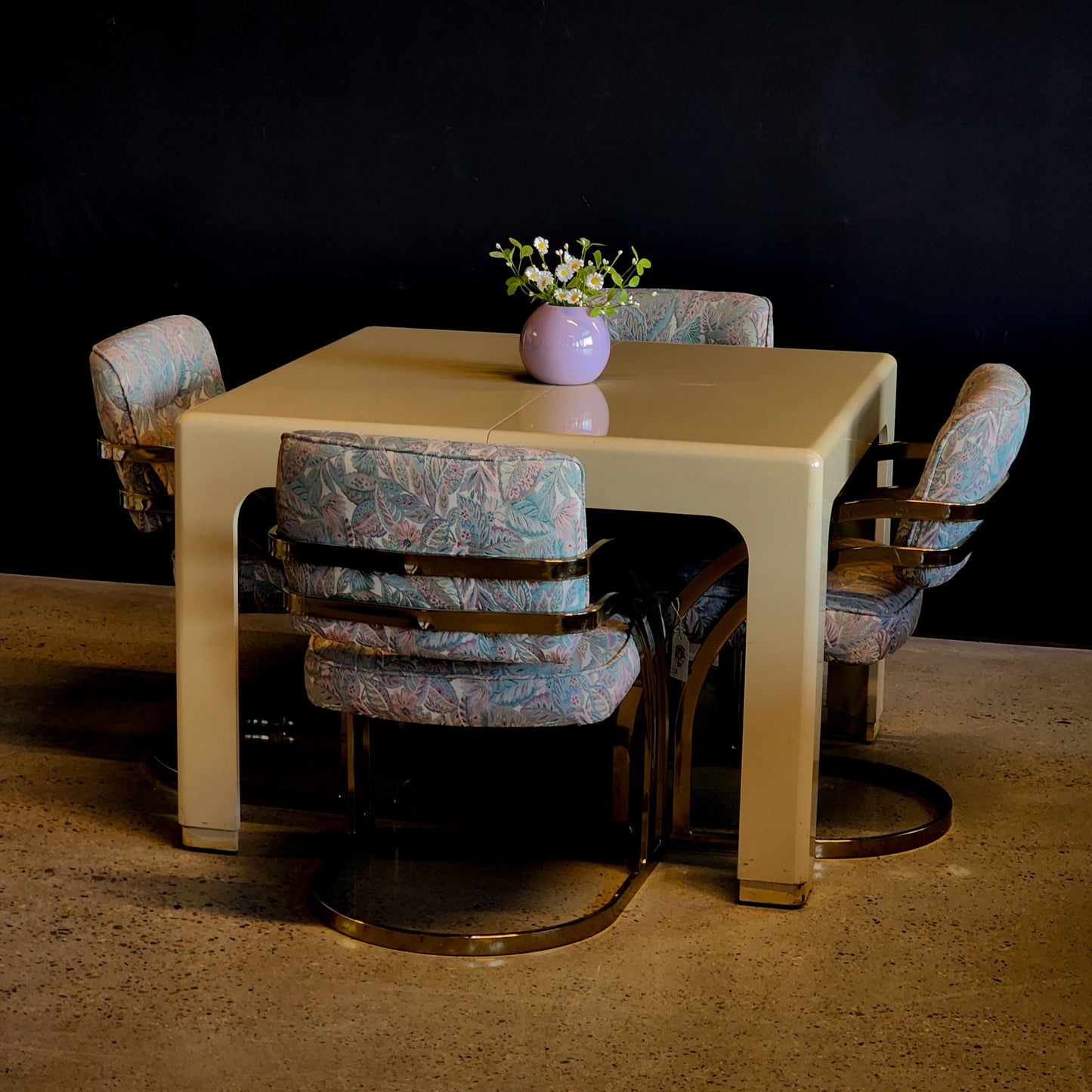 Vintage 1980s Postmodern Creamy Lacquered Dining Set w/ 4 Chairs