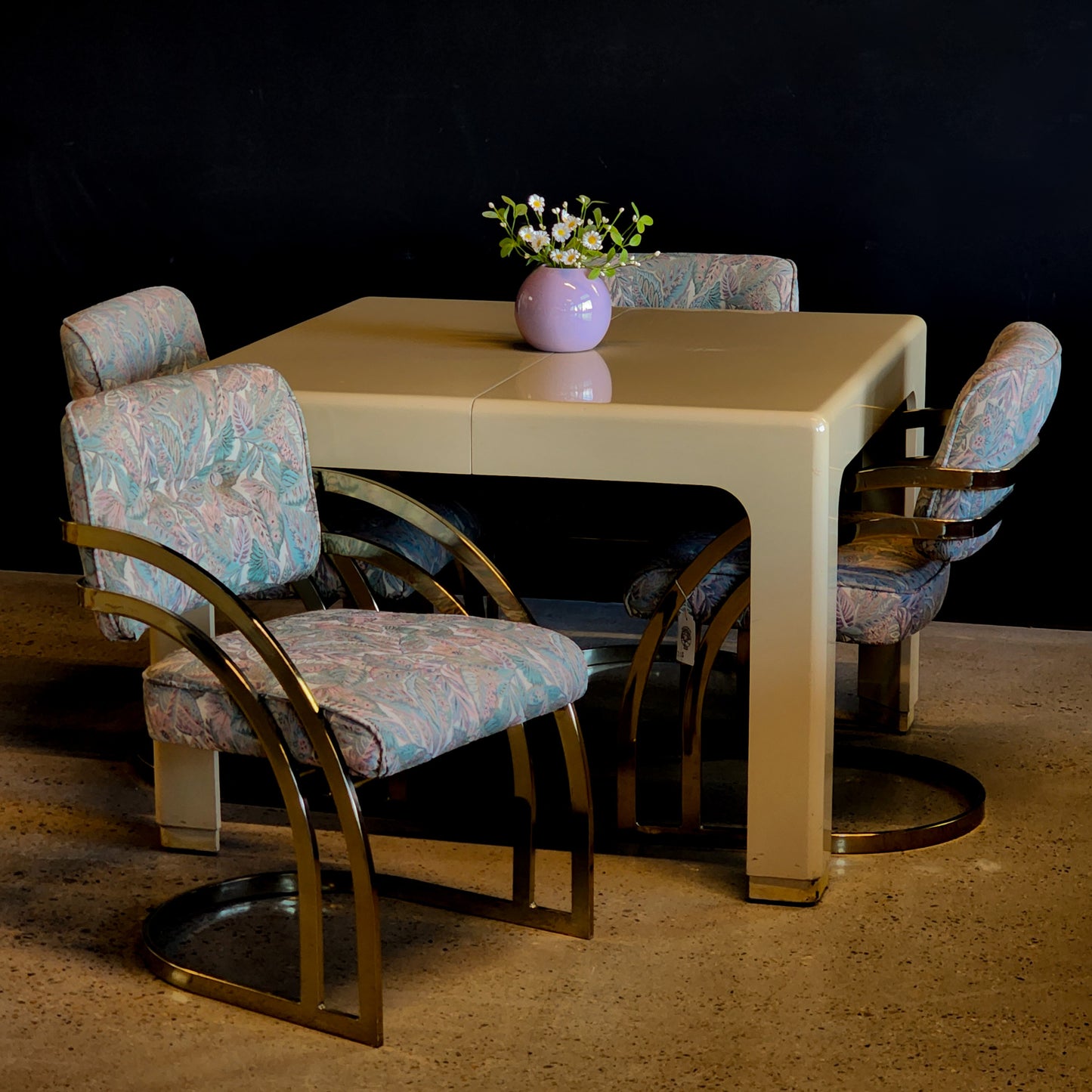 Vintage 1980s Postmodern Creamy Lacquered Dining Set w/ 4 Chairs