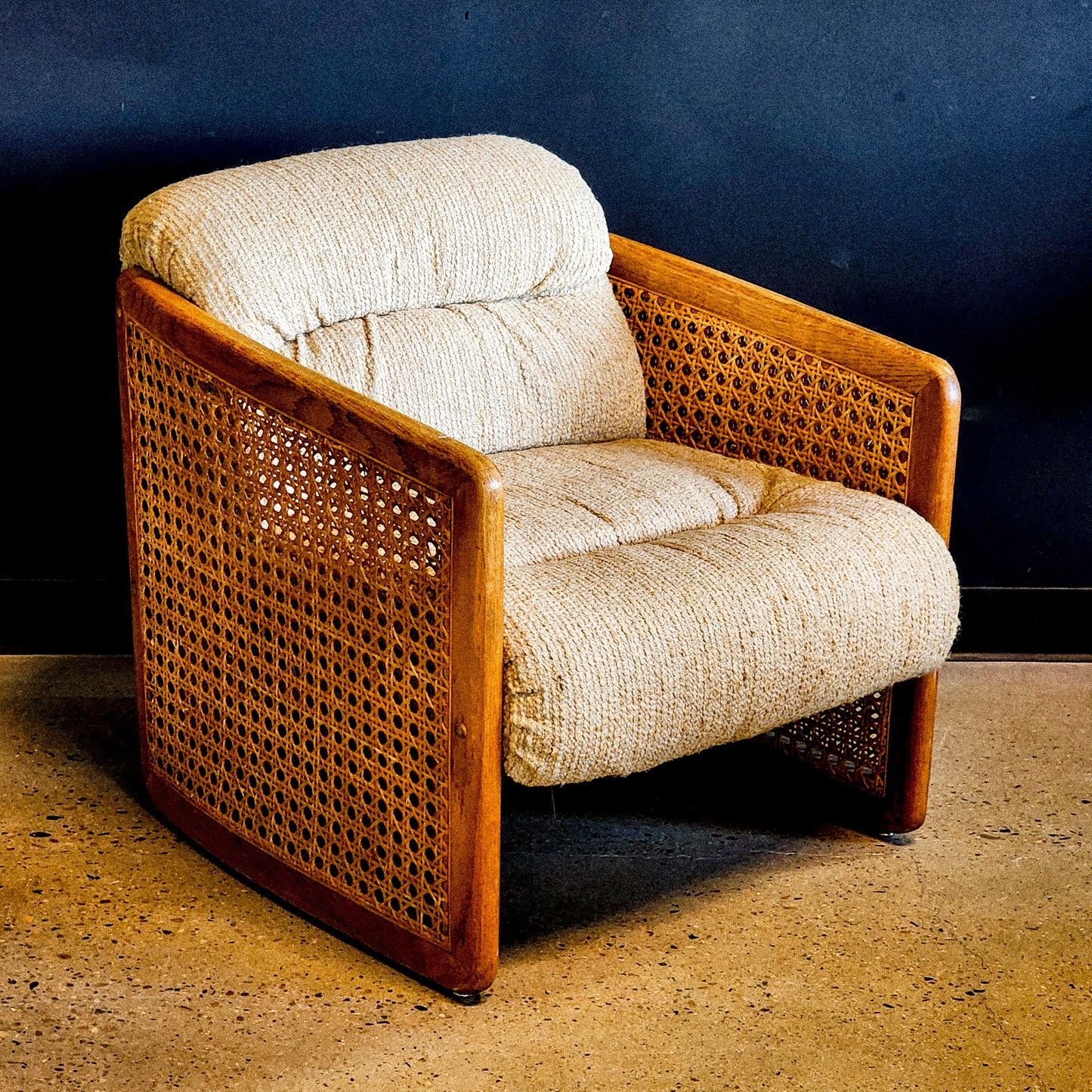 Vintage Caned Accented Oatmeal Fabric Armchair