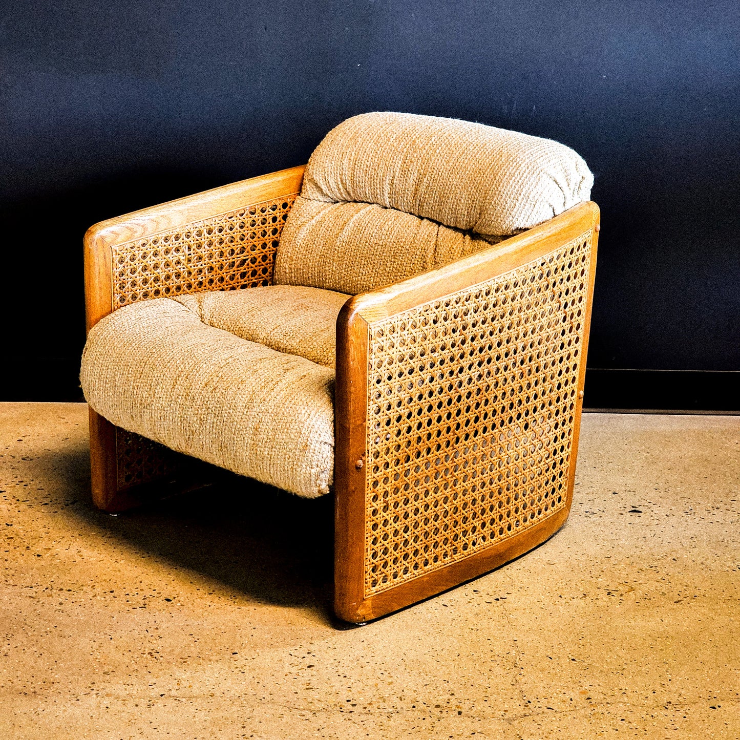 Vintage Caned Accented Oatmeal Fabric Armchair