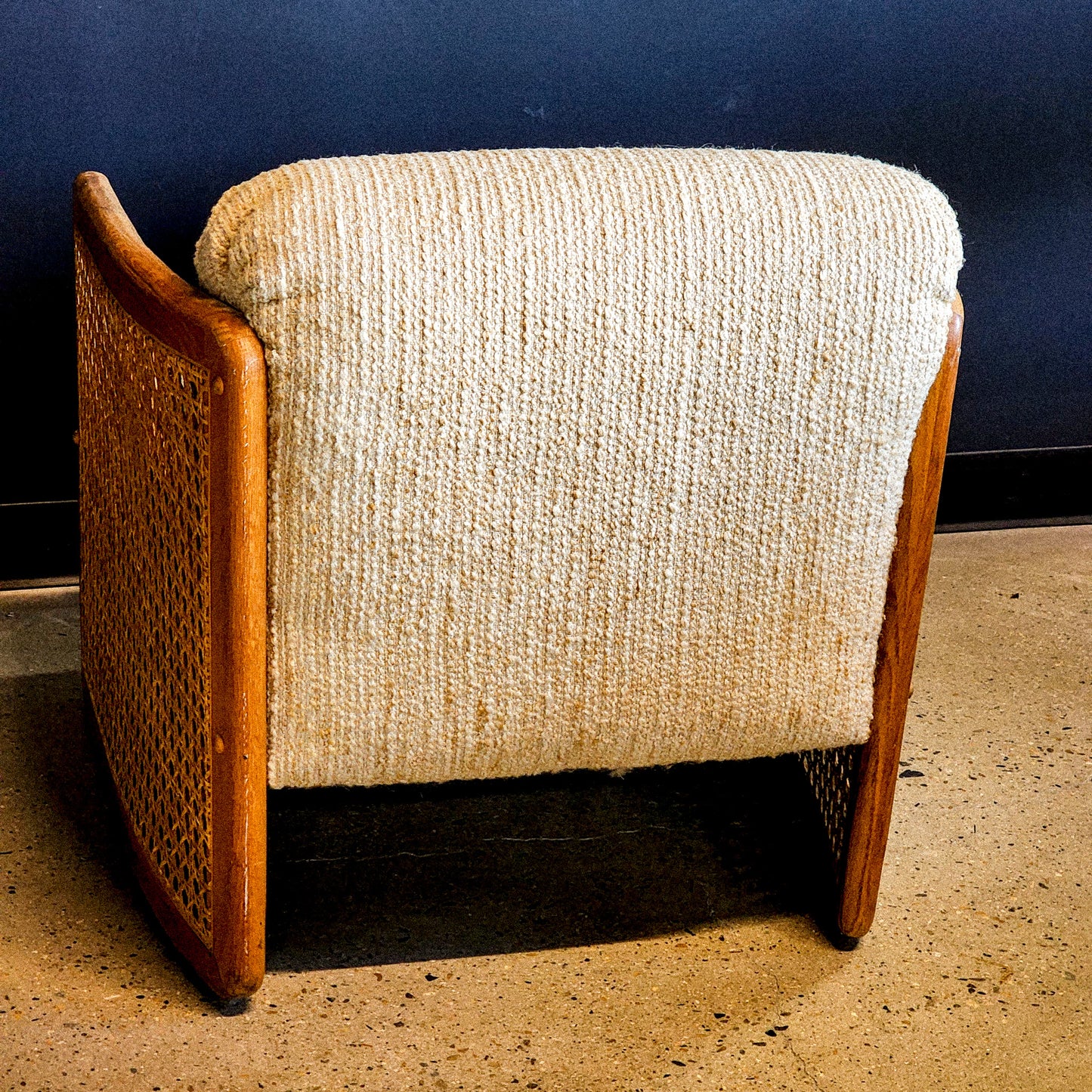 Vintage Caned Accented Oatmeal Fabric Armchair