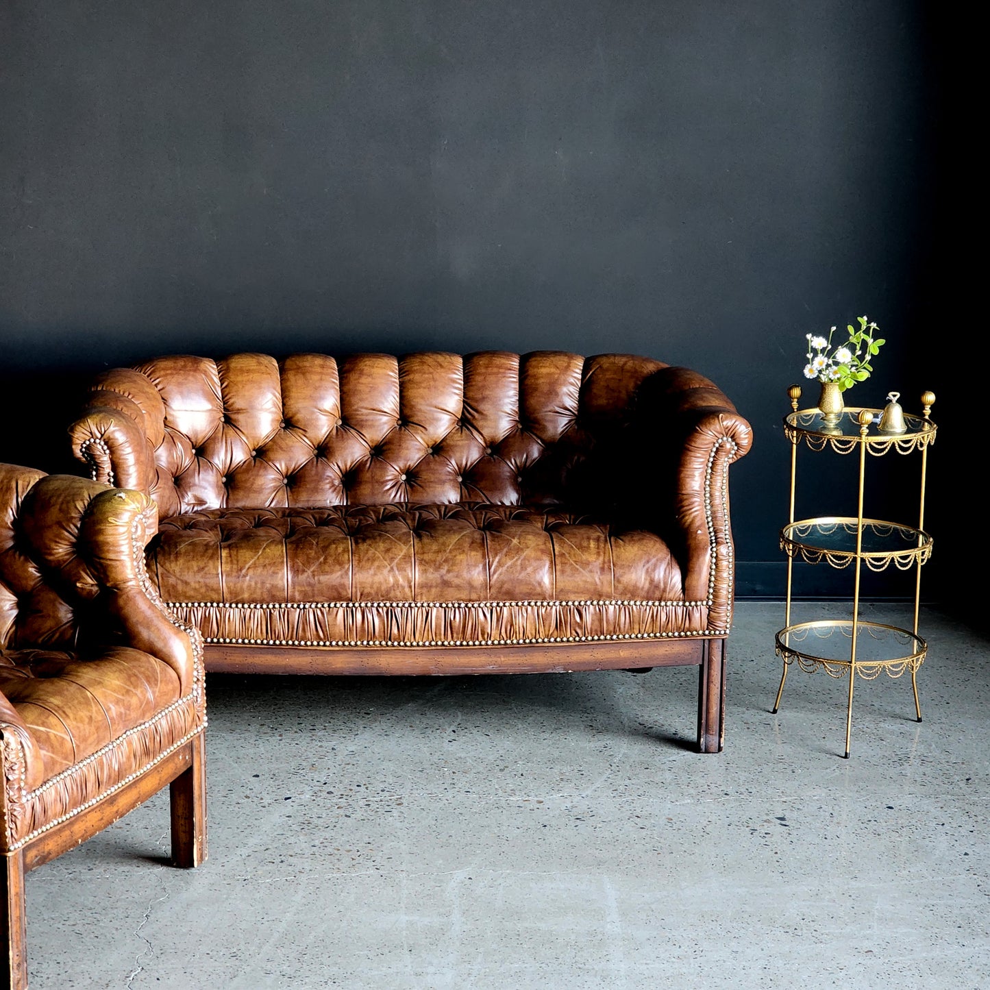 Tufted Faux Leather Loveseat & Barrel Chair Set