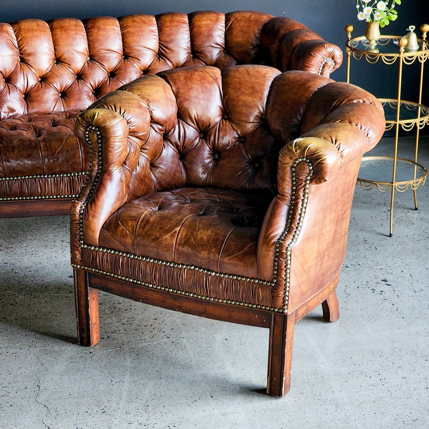 Tufted Faux Leather Loveseat & Barrel Chair Set