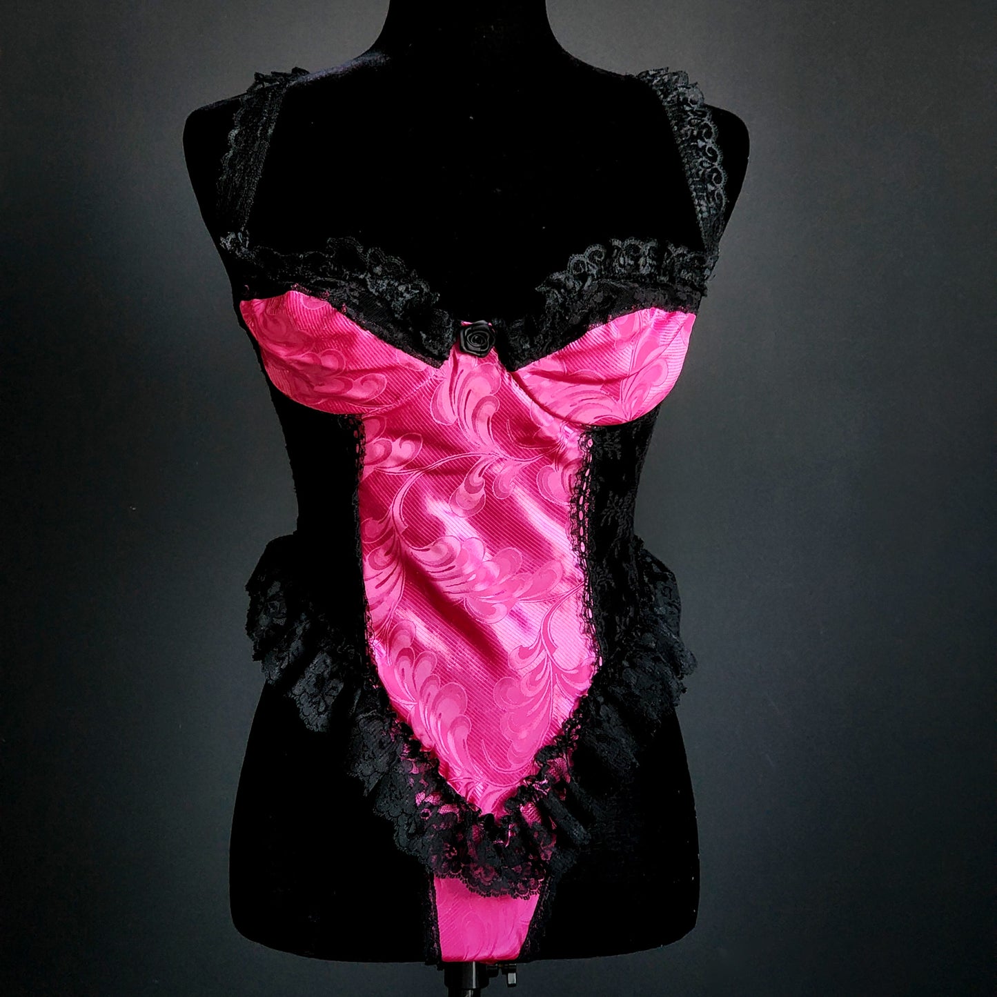 Vintage Madelon Louden Pink & Black Lace Bodysuit (M)