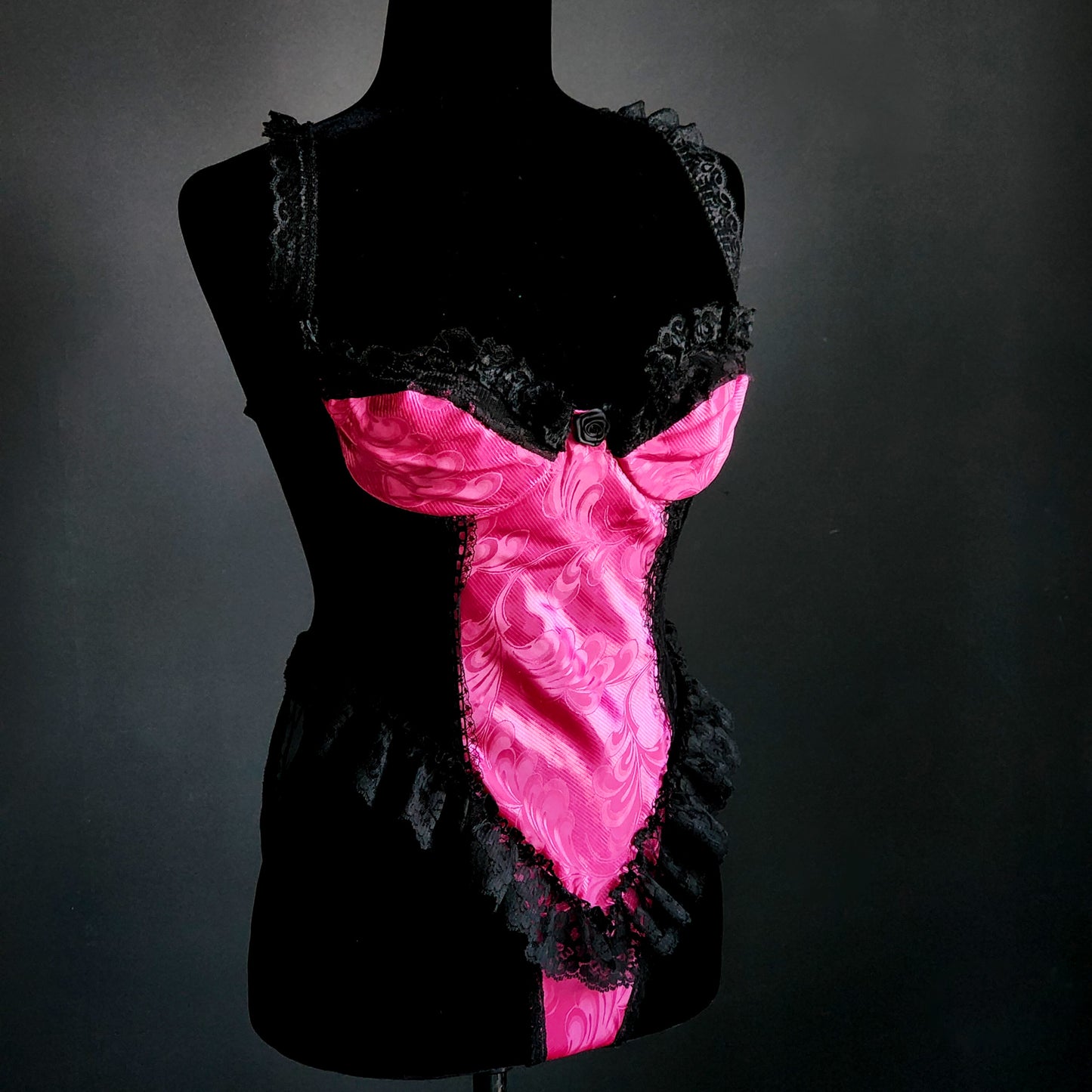 Vintage Madelon Louden Pink & Black Lace Bodysuit (M)