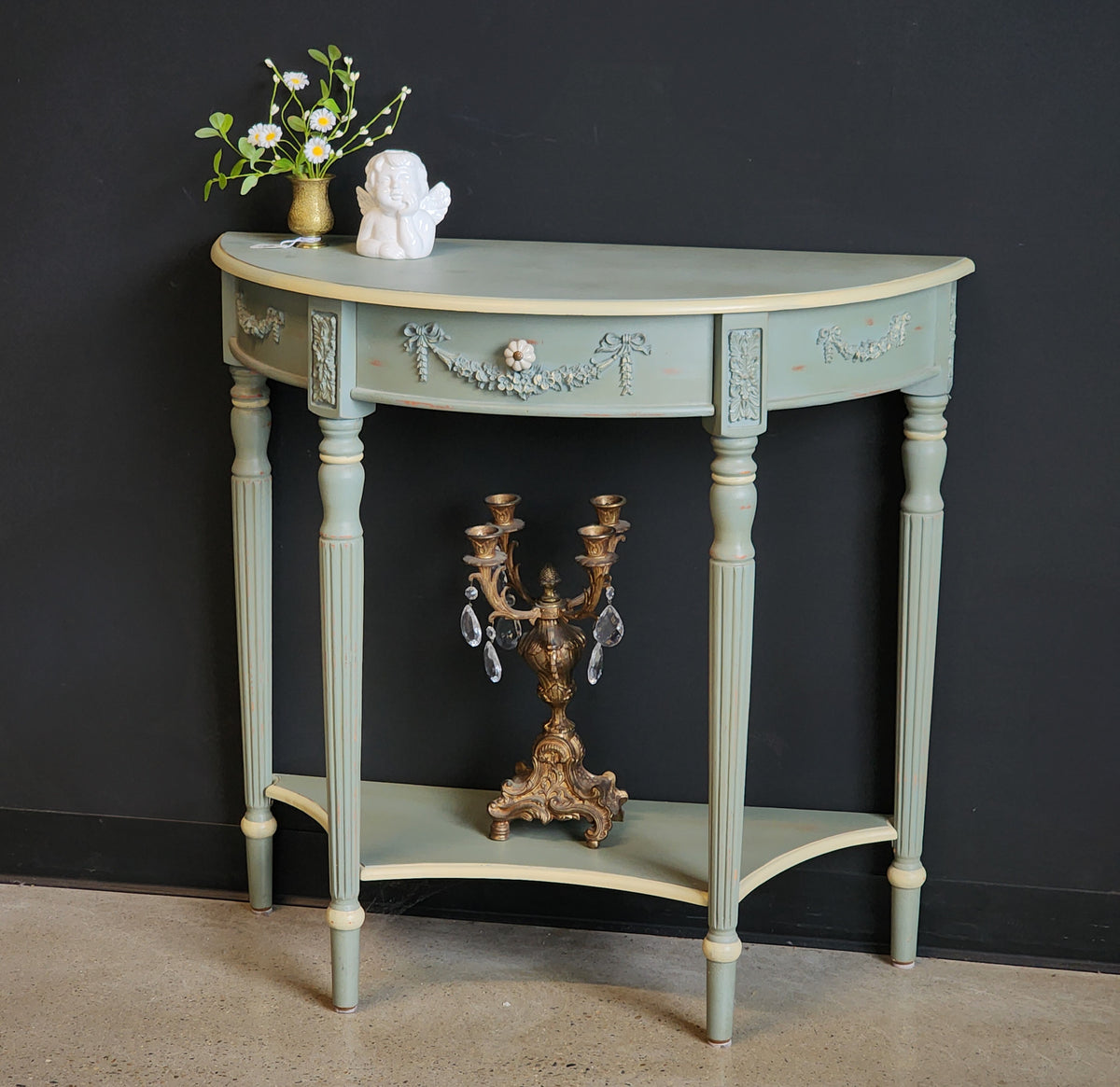 Turquoise Hall Table Turquoise Wooden Console Table w/ Ribbon & Bow Accents | Reclaimed Mt ...