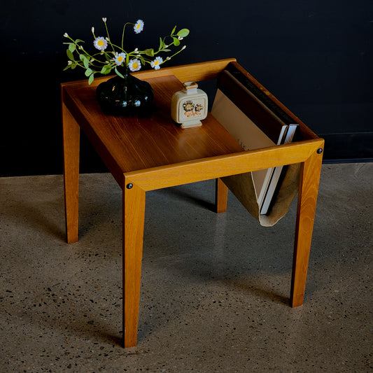 Mid-Century Danish Modern Teak Linen Sling Magazine Accent Table - Reclaimed Mt. Goods