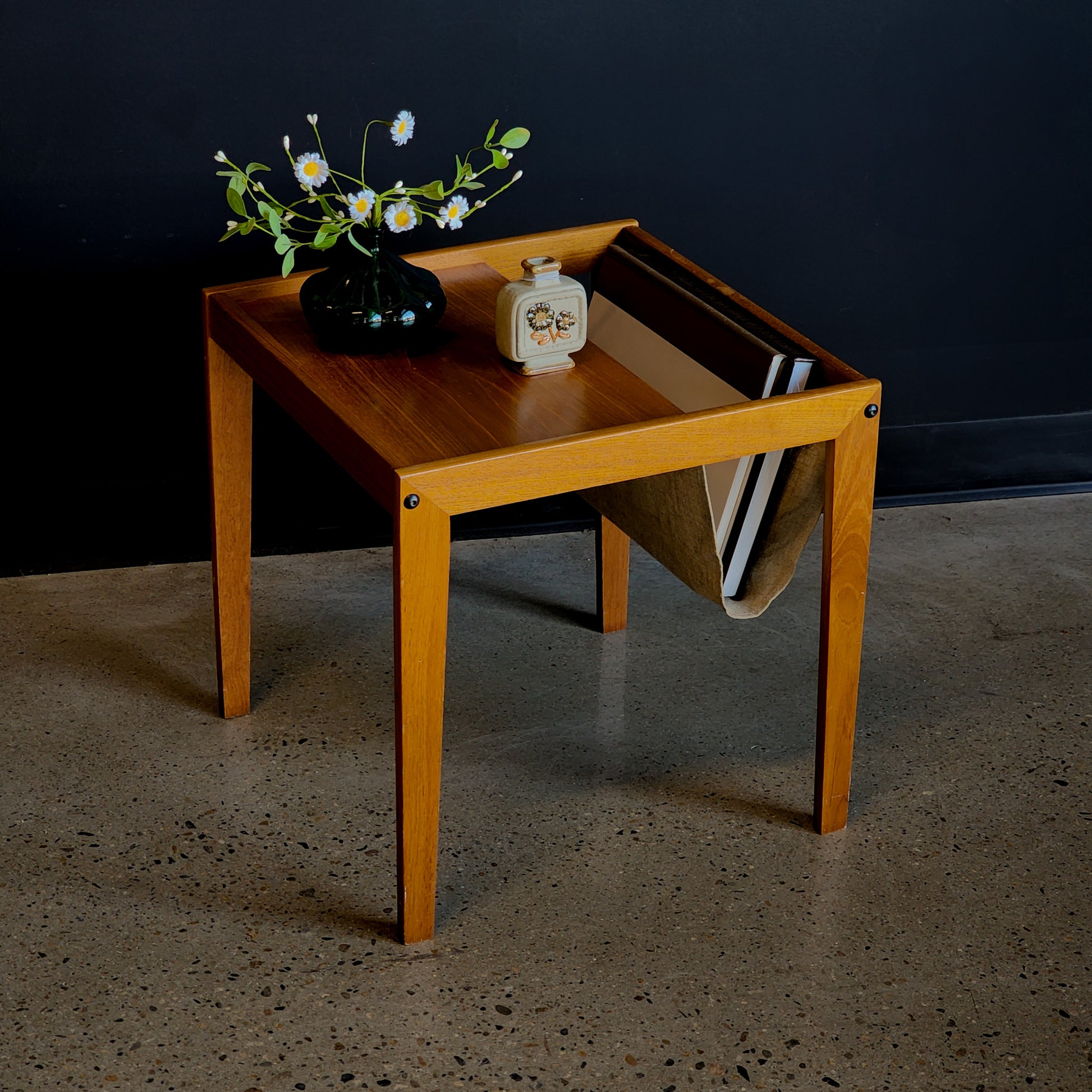 Mid-Century Danish Modern Teak Linen Sling Magazine Accent Table - Reclaimed Mt. Goods