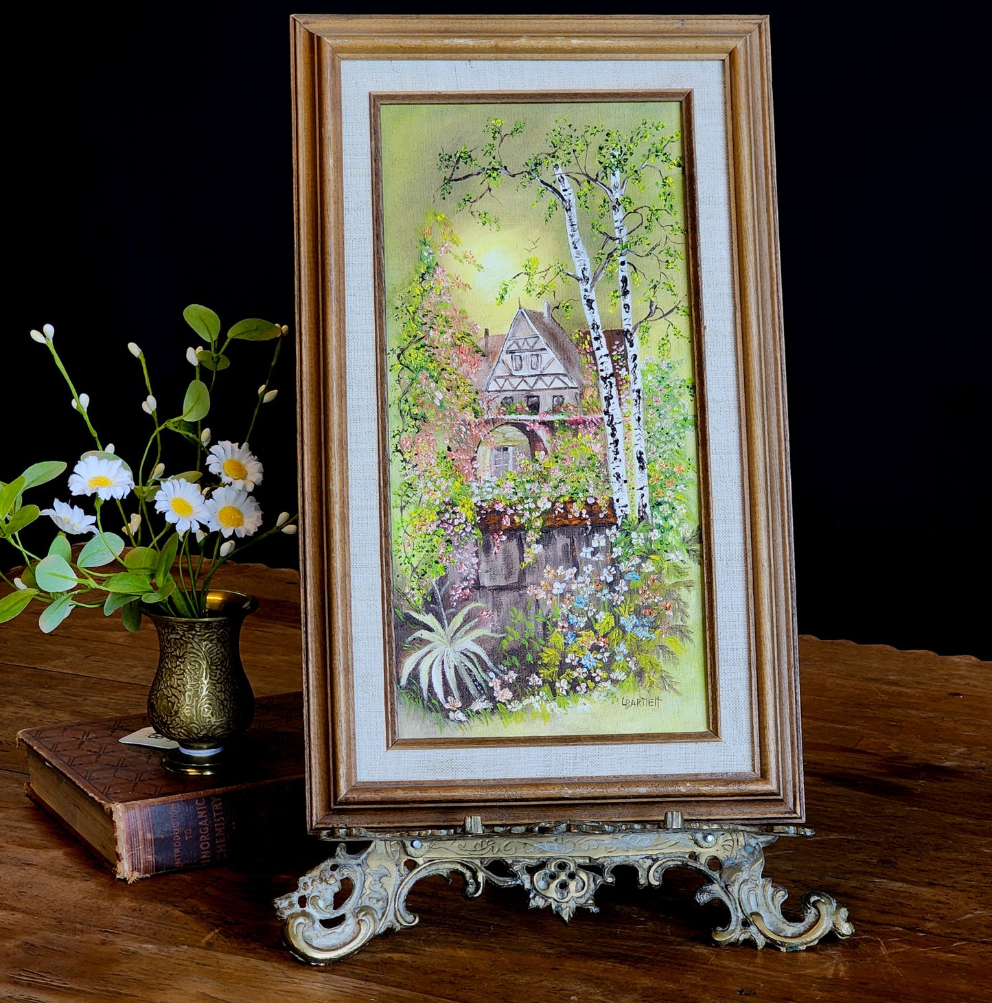 Vintage Original Whimsy Cottage and Forest Oil Painting