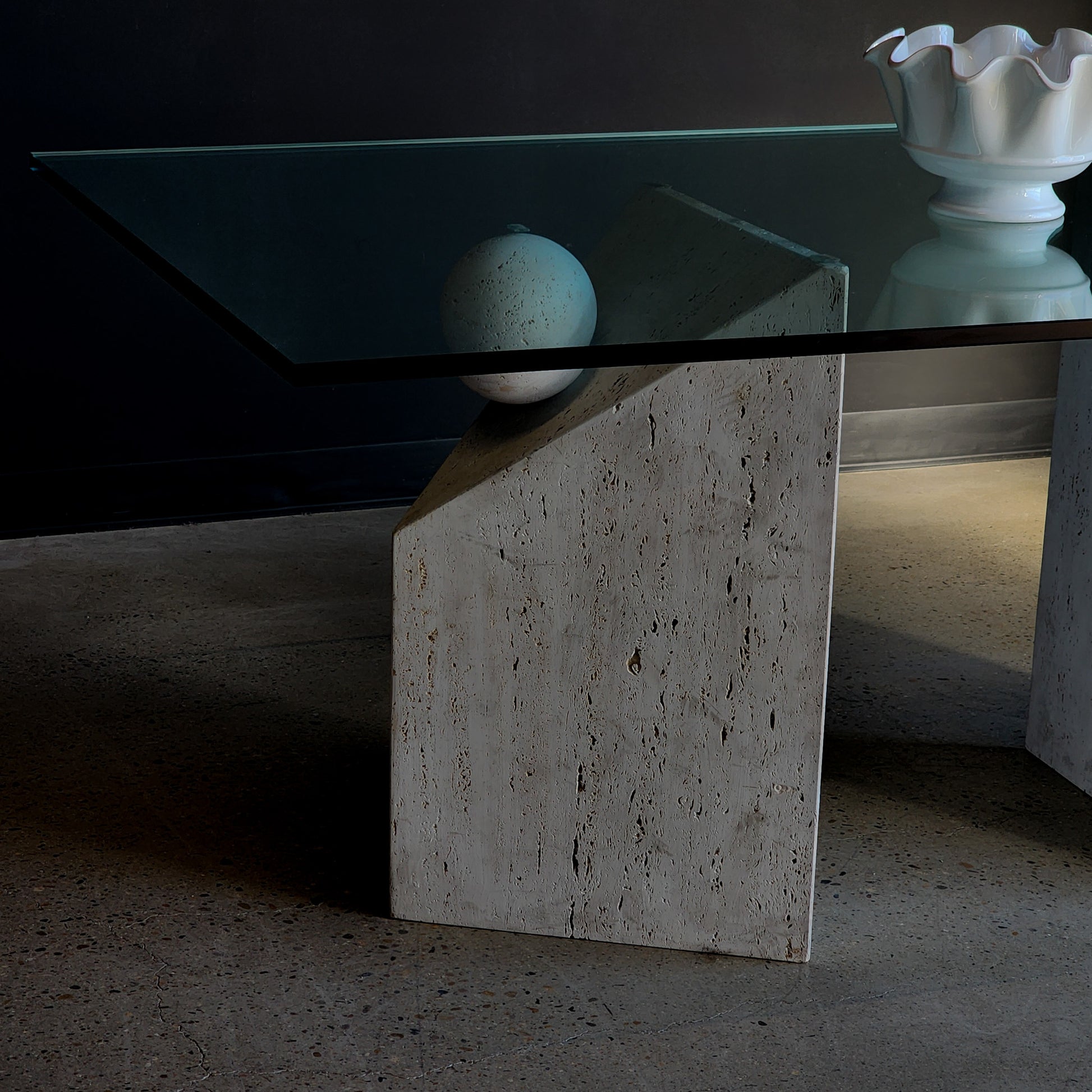Vintage Postmodern Italian Travertine Stone & Glass Dining Table - Reclaimed Mt. Goods