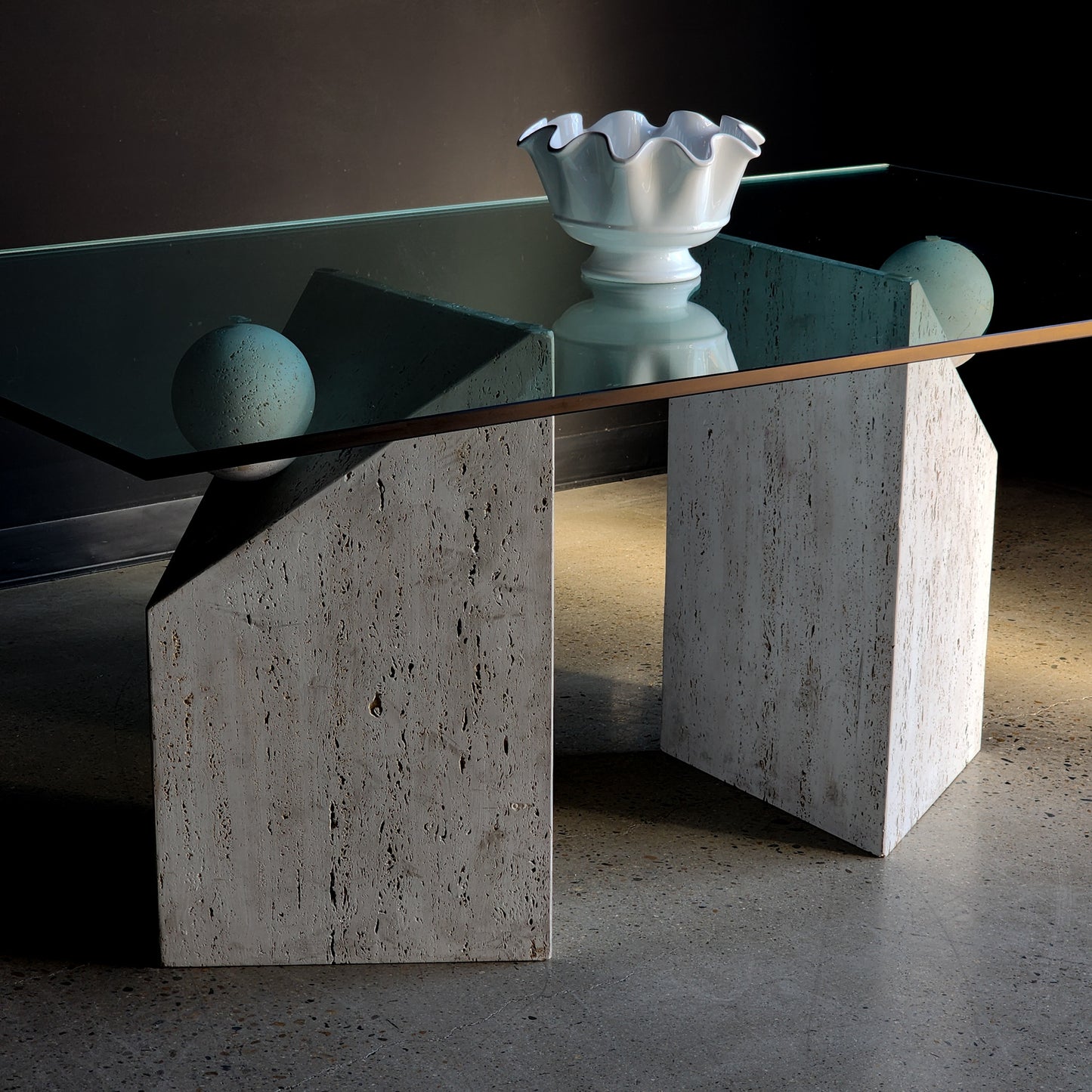 Vintage Postmodern Italian Travertine Stone & Glass Dining Table - Reclaimed Mt. Goods