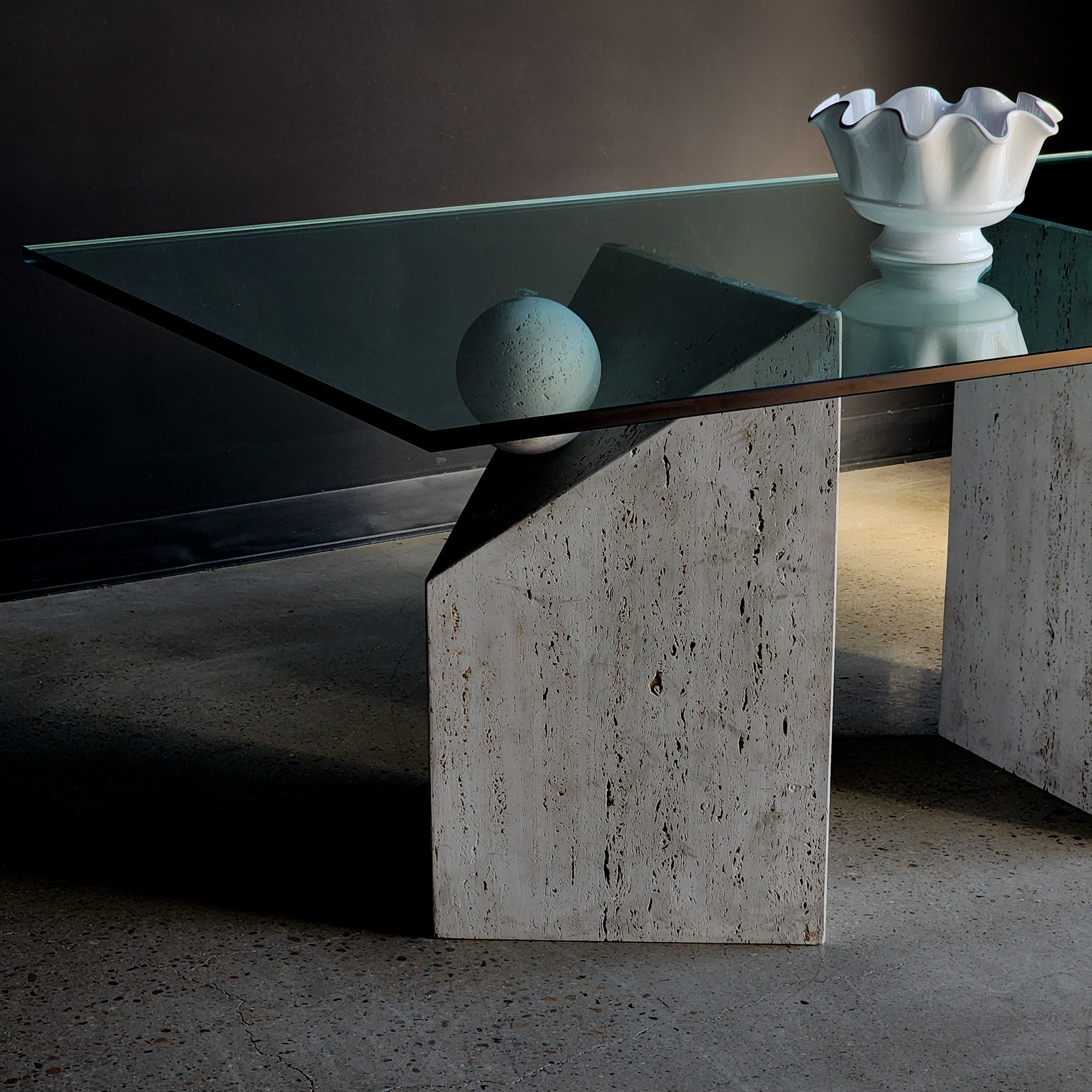 Vintage Postmodern Italian Travertine Stone & Glass Dining Table - Reclaimed Mt. Goods