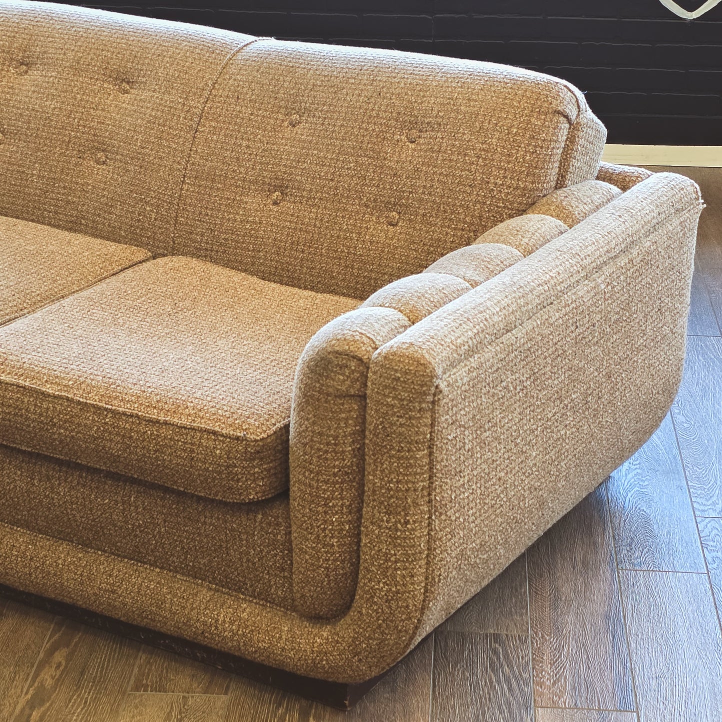 Vintage Mid Century Brown Tweed Fabric Sofa