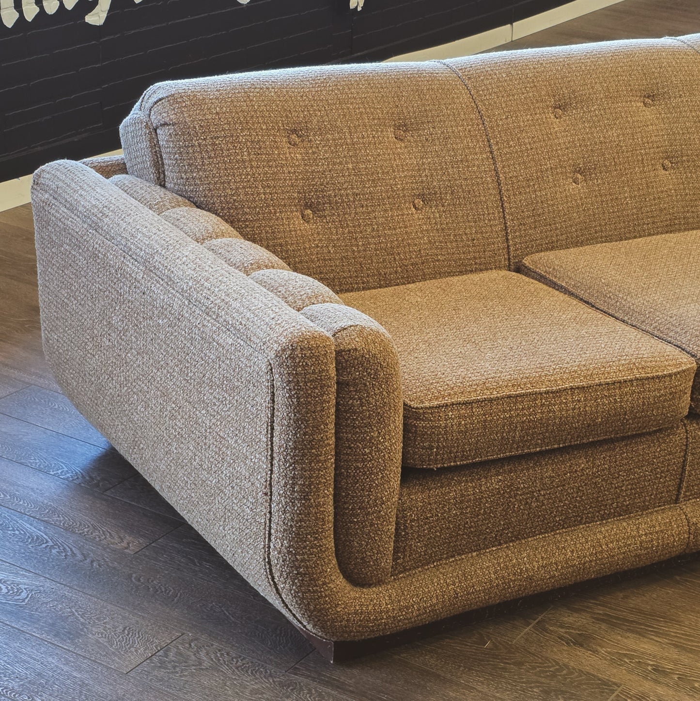 Vintage Mid Century Brown Tweed Fabric Sofa
